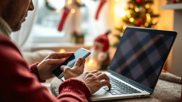 AI for Holiday Shopping: Hands using a phone and laptop, festive decor.