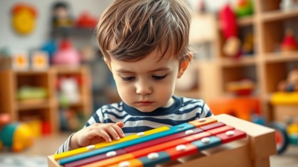 Child in striped shirt playing xylophone, part of toxic mommy-and-me class lesson.
