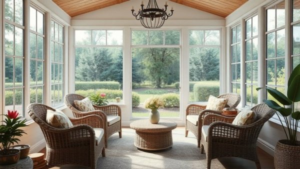 Inviting sunroom ideas with wicker furniture and garden views.