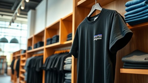 Patagonia clothing display for Black Friday sale with T-shirt and shelves.