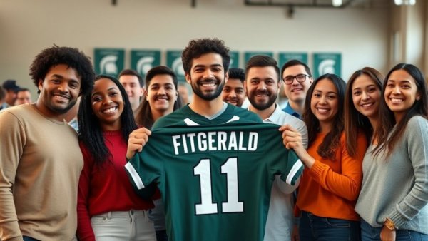 Pat Fitzgerald Michigan State Football event with group holding jersey.