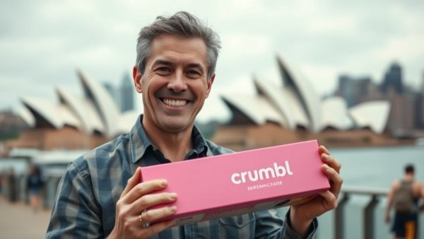 Crumbl Cookies CEO holding box near Sydney Opera House, waterfront.