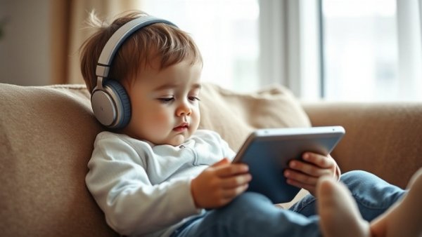 Toddler watching tablet with headphones, low-stimulation shows for toddlers.