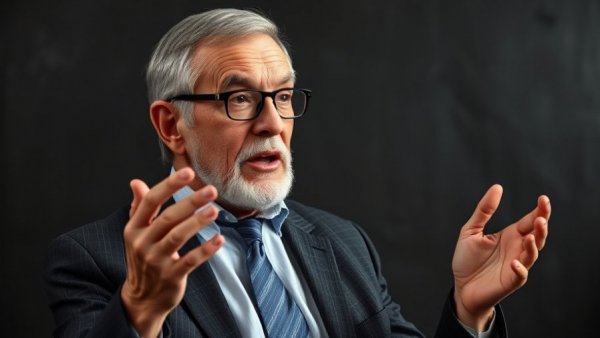 Distinguished man discussing self-learning AI predictions on stage.