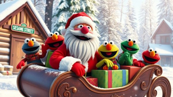 Santa with Sesame Street characters on snowy sleigh, festive scene.