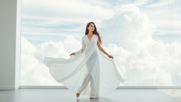 Elegant woman in Pantone Cloud Dancer white, posing against cloud backdrop.