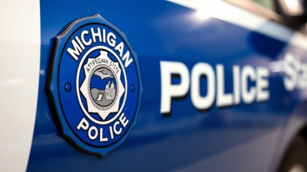 Close-up of Michigan State Police car emblem on blue vehicle door.