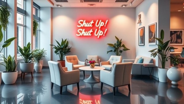 Modern lounge with stylish furniture and neon sign, reflecting Smosh YouTube Channel Expansion.