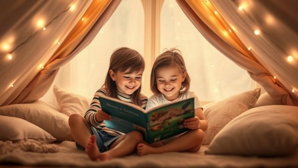 Children enjoying a cozy glamping sleepover in a tent with fairy lights.