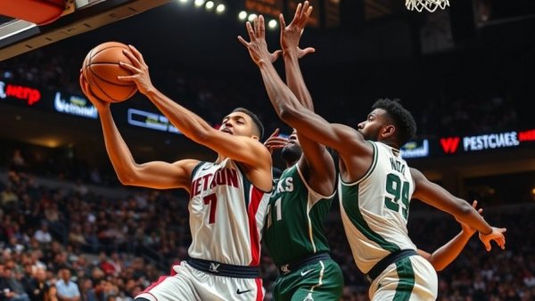 Intense moment in Pistons vs Bucks basketball game.