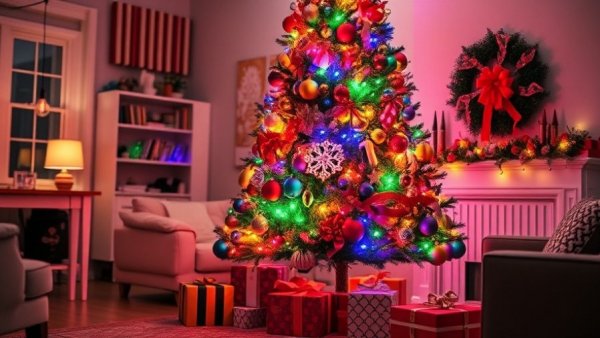 Festively decorated Christmas tree with colorful lights and gifts.