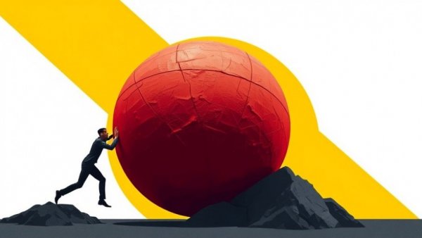 Minimalist figure pushing sphere uphill, symbolizing leadership and gratitude