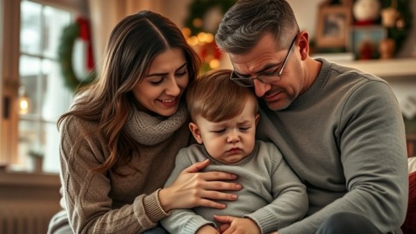 Parents comforting upset toddler during Mommy Do It Phase, cozy room.