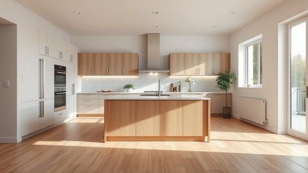 Elegant modern kitchen with wooden island and light grey cabinets, popular kitchen makeovers 2025.