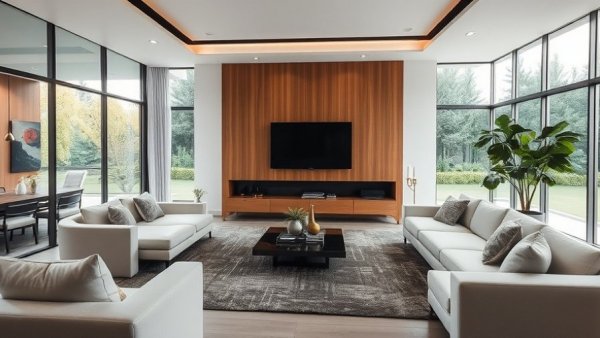 Modern living room 2025 design, spacious with garden view.