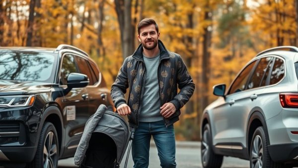 Casually dressed man with baby stroller between two SUVs, autumn forest.