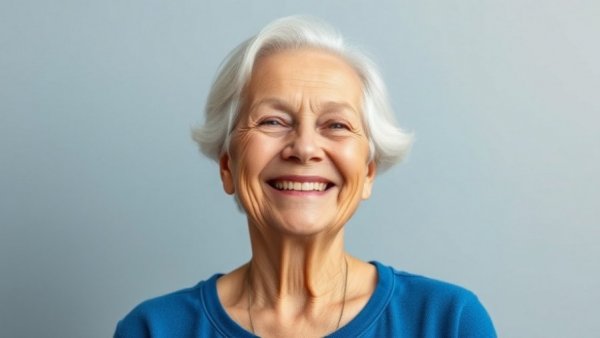 Elderly woman smiling in blue, related to sexual health in seniors.