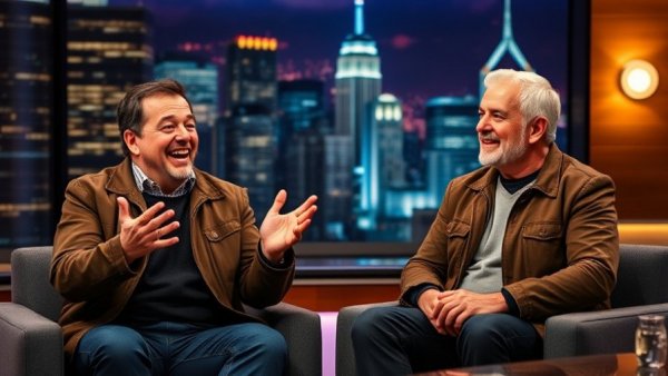 AI in Parenting discussion on talk show with city skyline backdrop.