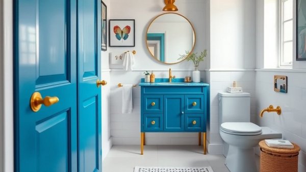 Stylish bathroom with blue vanity and brass fixtures, elegant design.