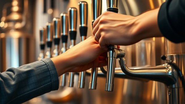 Craft beer pouring from modern taps in Michigan brewery.