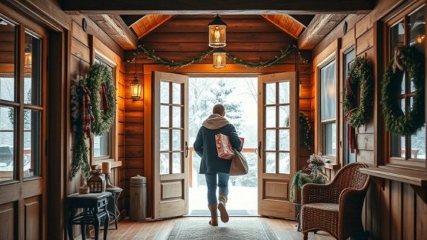 Winter home entryway with person entering, winter scene visible.