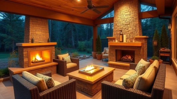 Modern patio with stone fireplace and scenic forest views, New Patios and Decks of 2025.