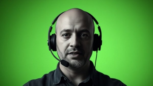 Monochrome portrait of a man with headset speaking against green background.