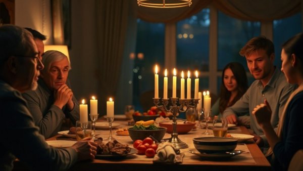 Family celebrates Hanukkah with a lit menorah and festive dinner.