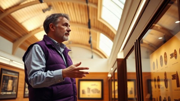 Man examining framed artifacts in exhibit, Delta College renovation.