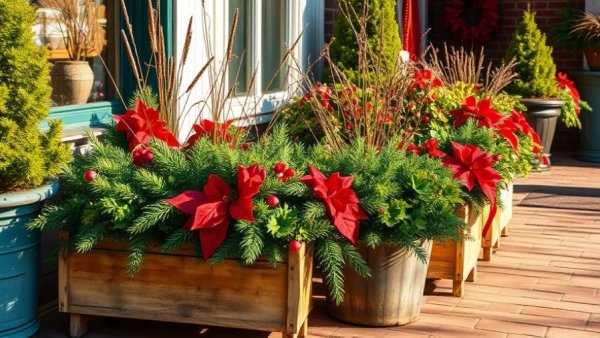 Festive winter container gardening ideas with vibrant foliage in wooden planters on a sunlit patio.