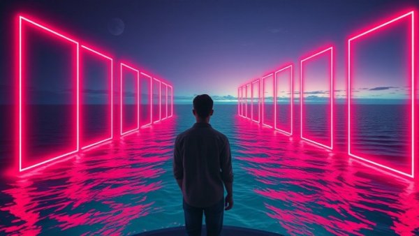 Futuristic seascape with neon structures and a person - Making the Big Ask.