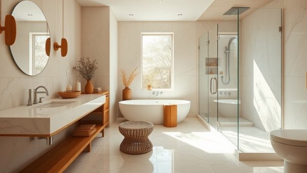 Elegant bathroom makeover with marble and natural accents.