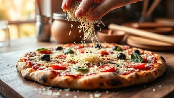 Pizza being prepared in a kitchen with cheese grating.