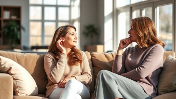Emotionally engaged women discussing on a sofa, portraying motherhood in TV shows.