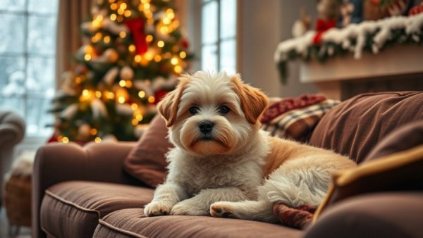 Festive Holiday Pets: Fluffy dog relaxing in a holiday-themed living room.