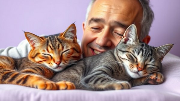 Sleeping cats and smiling man, discussing Ozempic for cats.