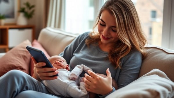 Mother using phone while breastfeeding in cozy setting