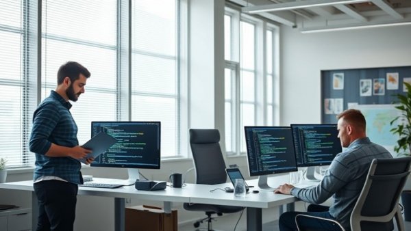 AI Governance in Workplace: Professionals using laptops in modern office.