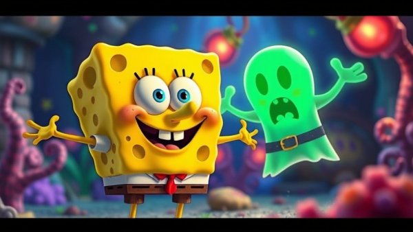 Iconic yellow sponge and green pirate ghost in new SpongeBob movie scene.