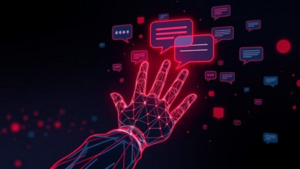 Digital hand reaching chat bubbles for browser extension harvesting AI data