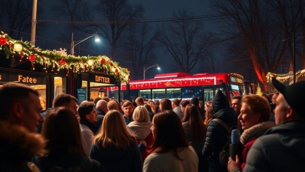 North Pole Experience night event with bus and festive crowd.
