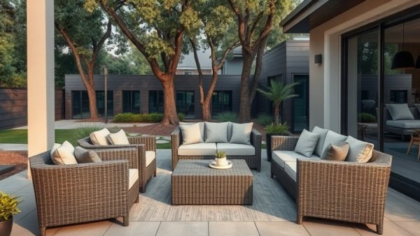 Modern backyard with stylish outdoor makeover 2025, featuring wicker furniture.