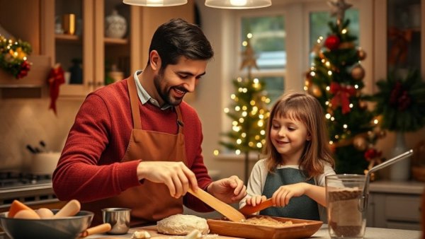 Father and daughter baking in a festive kitchen, celebrating low-cost Christmas traditions.