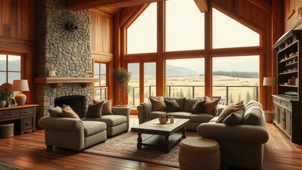 Cozy rustic living room with stone wall and scenic windows, Popular Houzz Tours 2025.