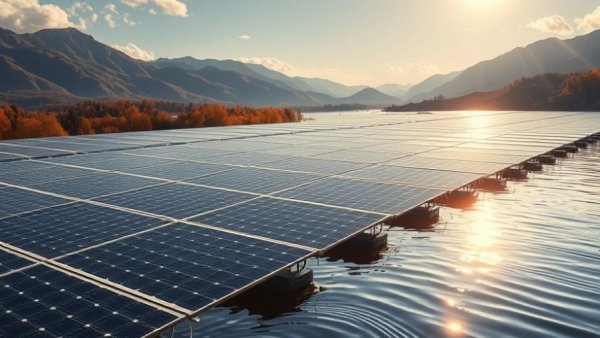 Floating solar panels capturing clean energy under bright sunlight with mountain backdrop.