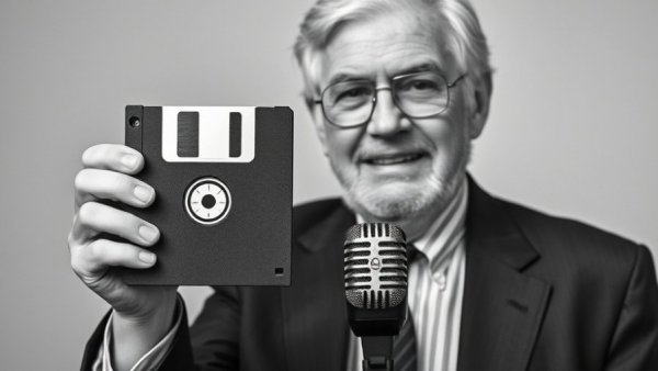 Sony innovation presentation with older gentleman holding a floppy disk.