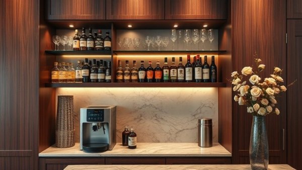 Stylish 2025 home bar with dark wood and marble, highlighted vessels.
