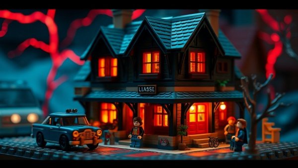 LEGO Stranger Things Creel House set with characters and vehicles.