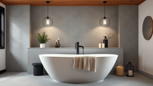 Contemporary farmhouse bathroom design featuring sleek bathtub and pendant lights.