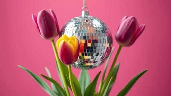 Festive New Year's Eve tulip drop setup with disco ball.